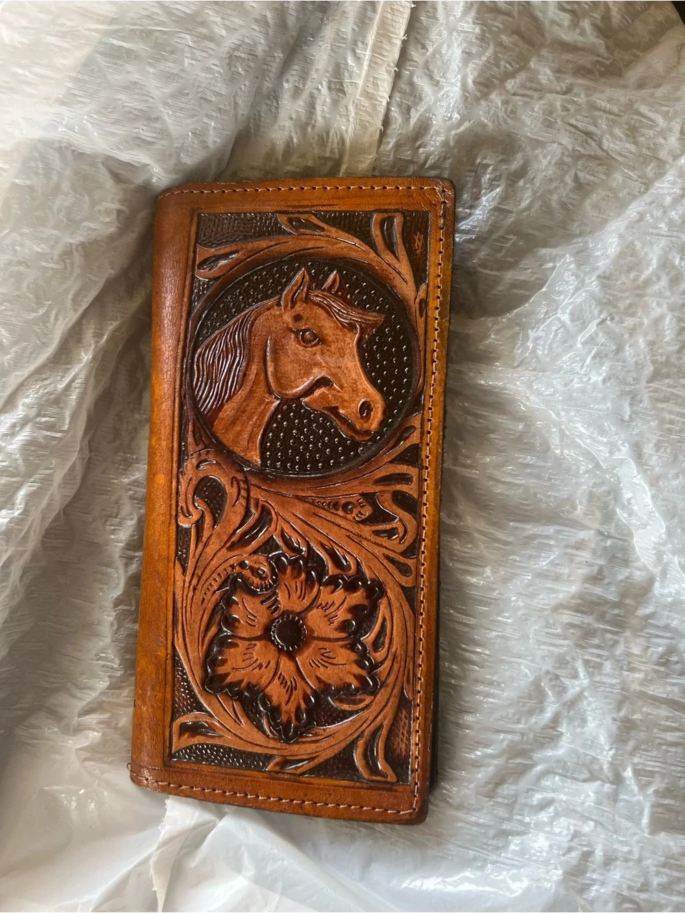 Hand-Tooled Leather Wallet with Horse Motif - Cognac
